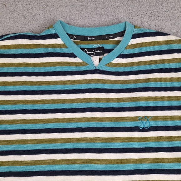 Sean Jean T-Shirt Mens XL Striped Thermal Waffle V Neck Short Sleeve Cotton - Picture 2 of 13
